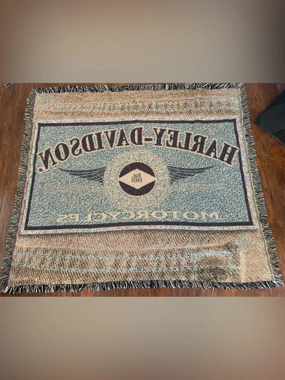 Harley Davidson Tapestry Woven Throw Blanket 2004 HD Logo Patch on Denim 48x54